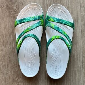 CROCS White Slides with Green Tropical Leaf Straps